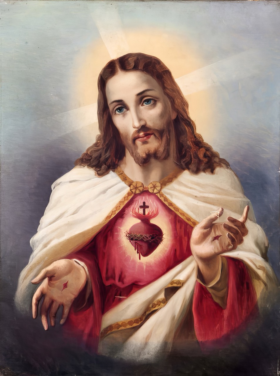 Künstlerische Darstellung von Jesus Christus mit einem heiligen Herzen, das Liebe und Mitgefühl im christlichen Glauben symbolisiert. Sacraresponda