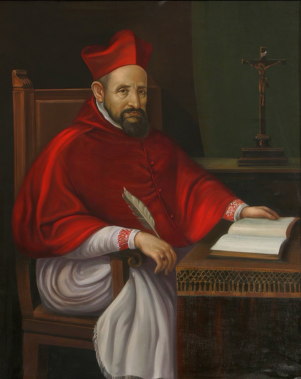 Porträt des Heiligen Robert Bellarmin im roten Gewand, sitzend mit Buch und Feder, der Autorität und Weisheit ausstrahlt. Sacraresponda